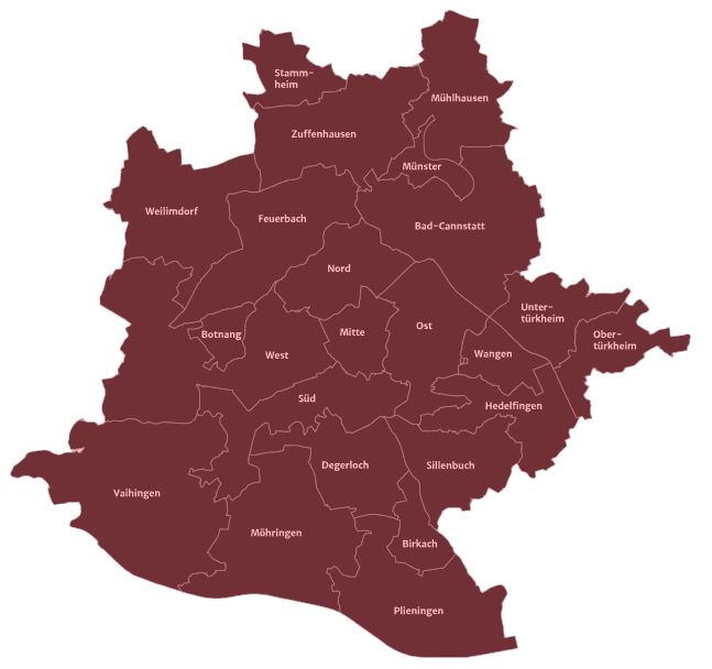 Eine Karte mit den Stuttgarter Stadtbezirken West, Nord, Süd, Ost, Mitte, sowie Feuerbach, Hedelfingen, Münster, Vaihingen, Stammheim, Zuffenhausen, Unter- und Obertürkheim usw.